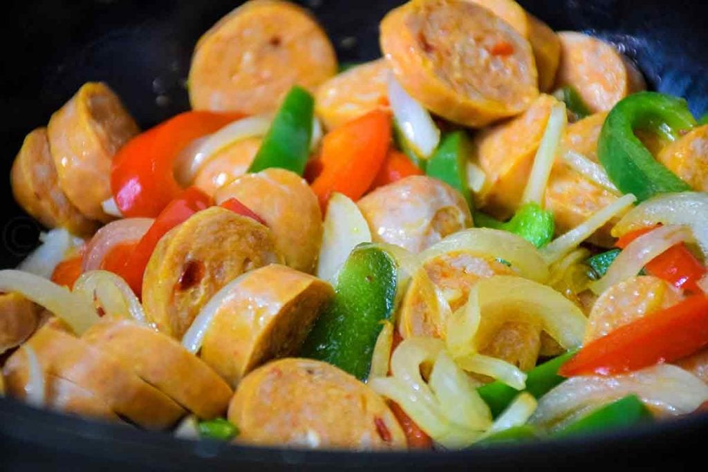 Sausage, Onions, and Peppers in a skillet