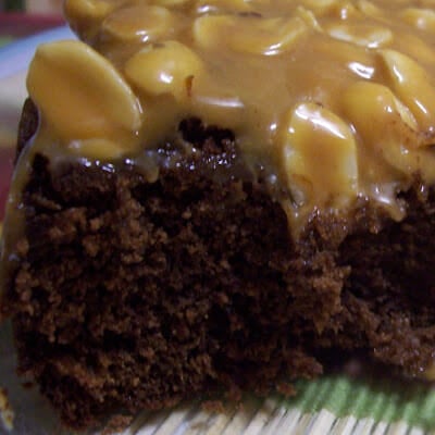 Caramel-Peanut-Topped Brownie Cake