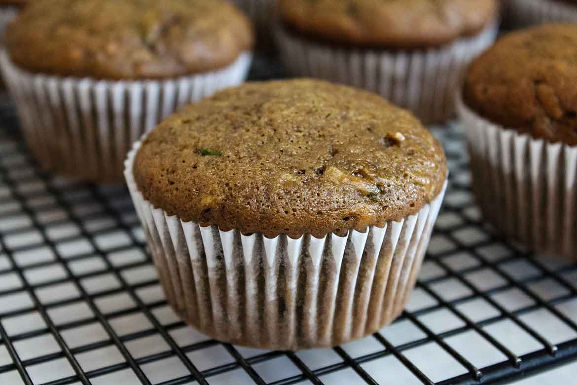 Chocolate Banana Zucchini Muffins on cooling rack