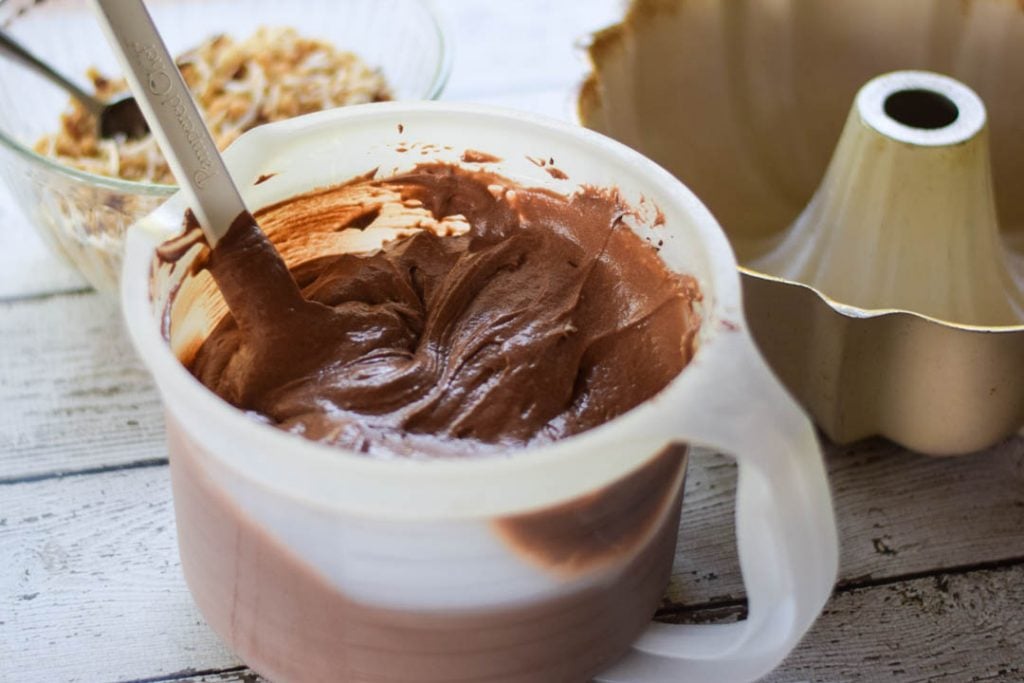 cake batter in mixing bowl
