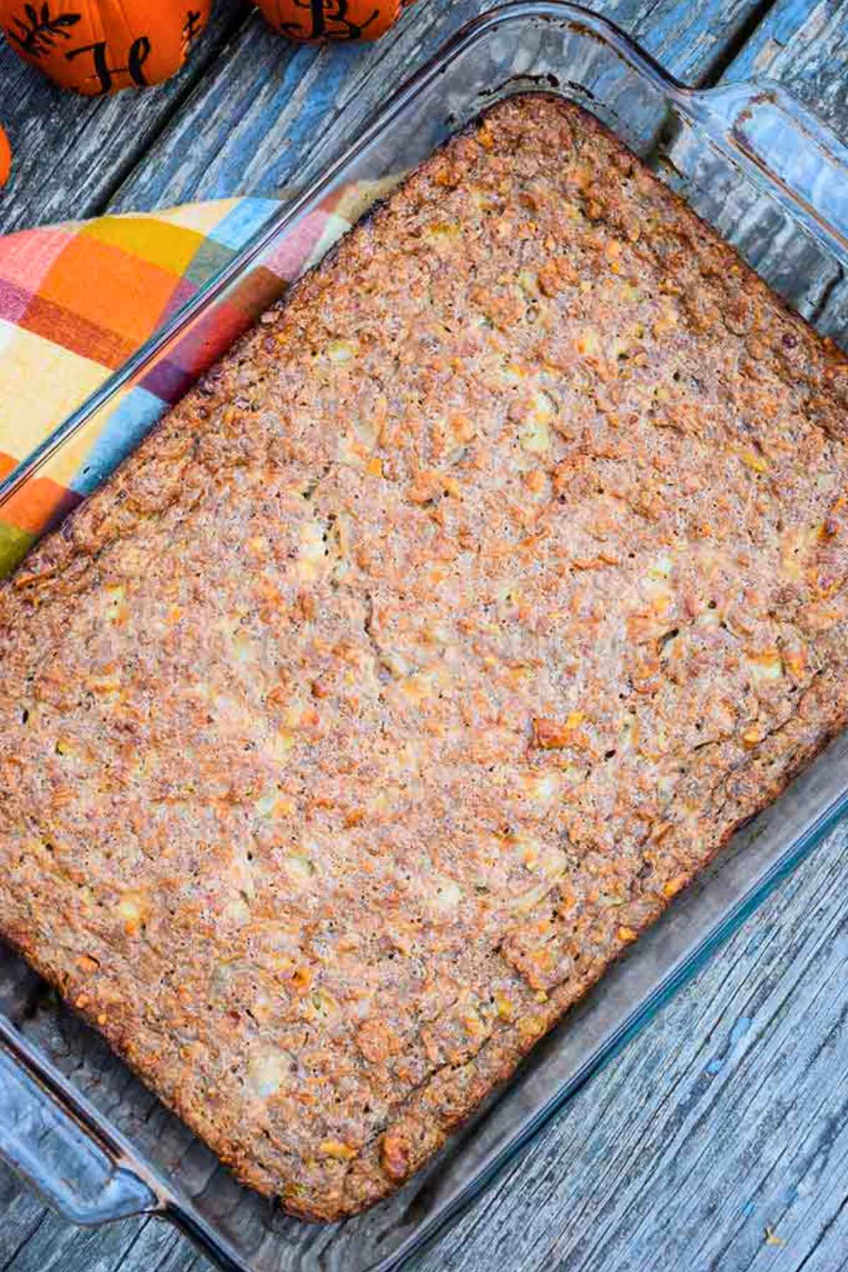 Overhead image of baked special k loaf in baking dish.