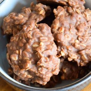 Upclose image of a bowl full of no bake cookies.