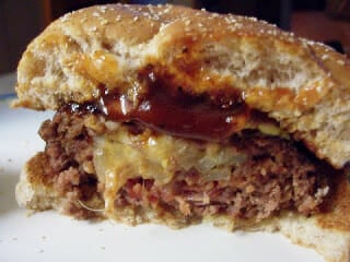 Cheese Stuffed Burger cut in half