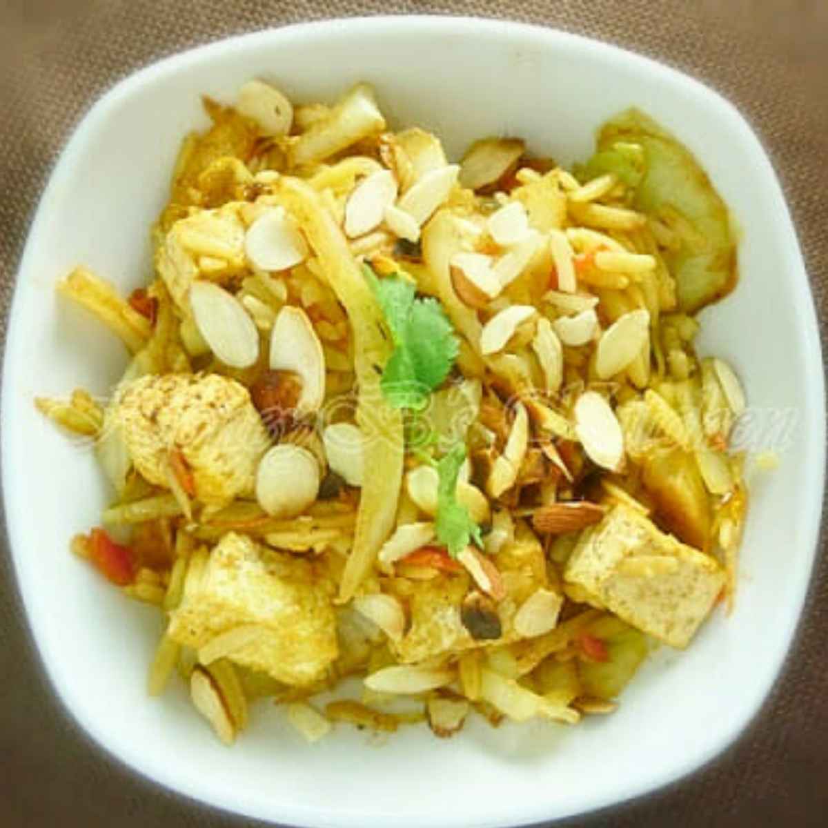 Overhead view of Tamarind Tofu Stir Fry bowl.