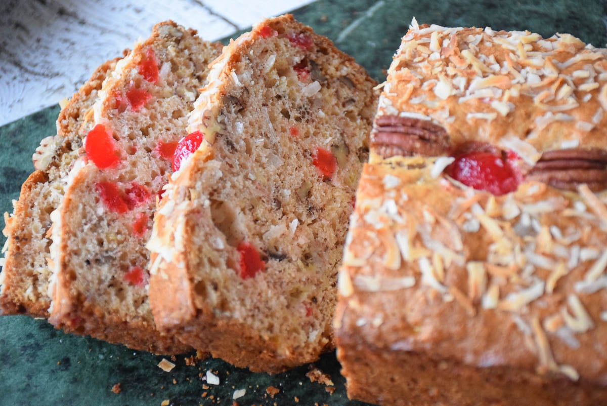 Slices of banana bread cut from a loaf.