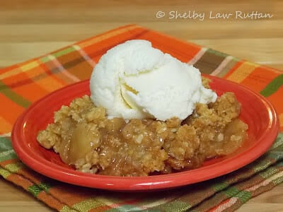 The Best Apple Crisp I ever Made on a red plate with a scoop of vanilla ice cream