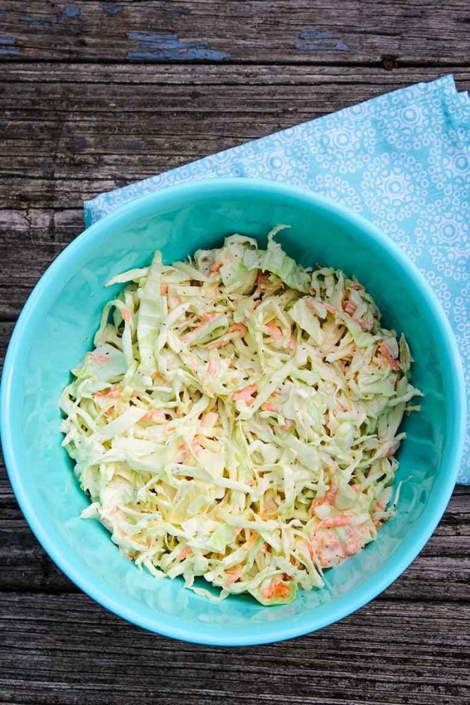 Overhead view of sweet and tangy homemade coleslaw recipe