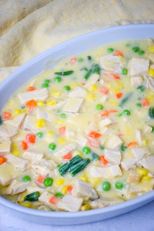 Turkey Pot Pie with Cheddar Garlic Biscuits - casserole dish