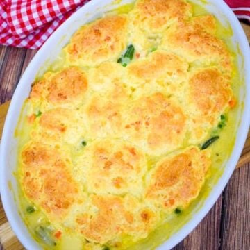 Overhead image of turkey potpie with golden cheddar garlic biscuit topping.