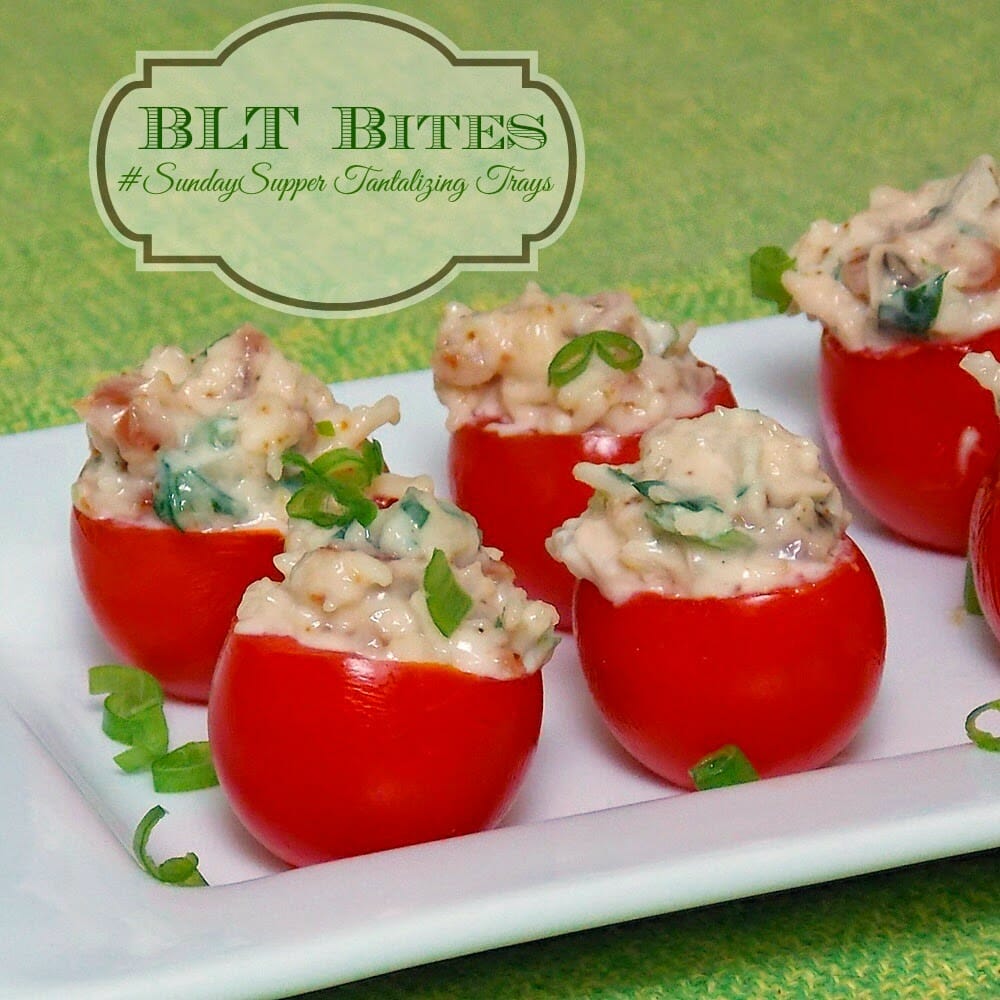 BLT Appetizer Bites on a white serving tray.