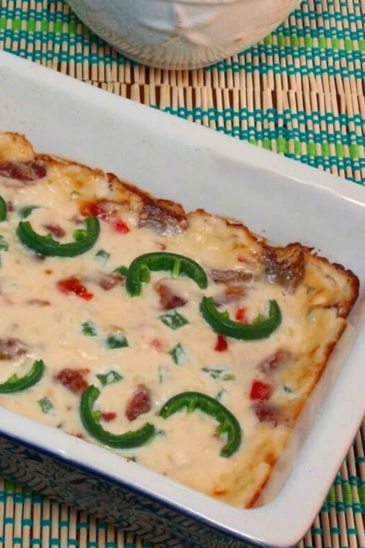 Overhead angled view of baked Jalapeno Popper Dip.