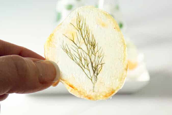 Window Pane Potato Chip in the light so you can see the fresh herb in the center of the chip.