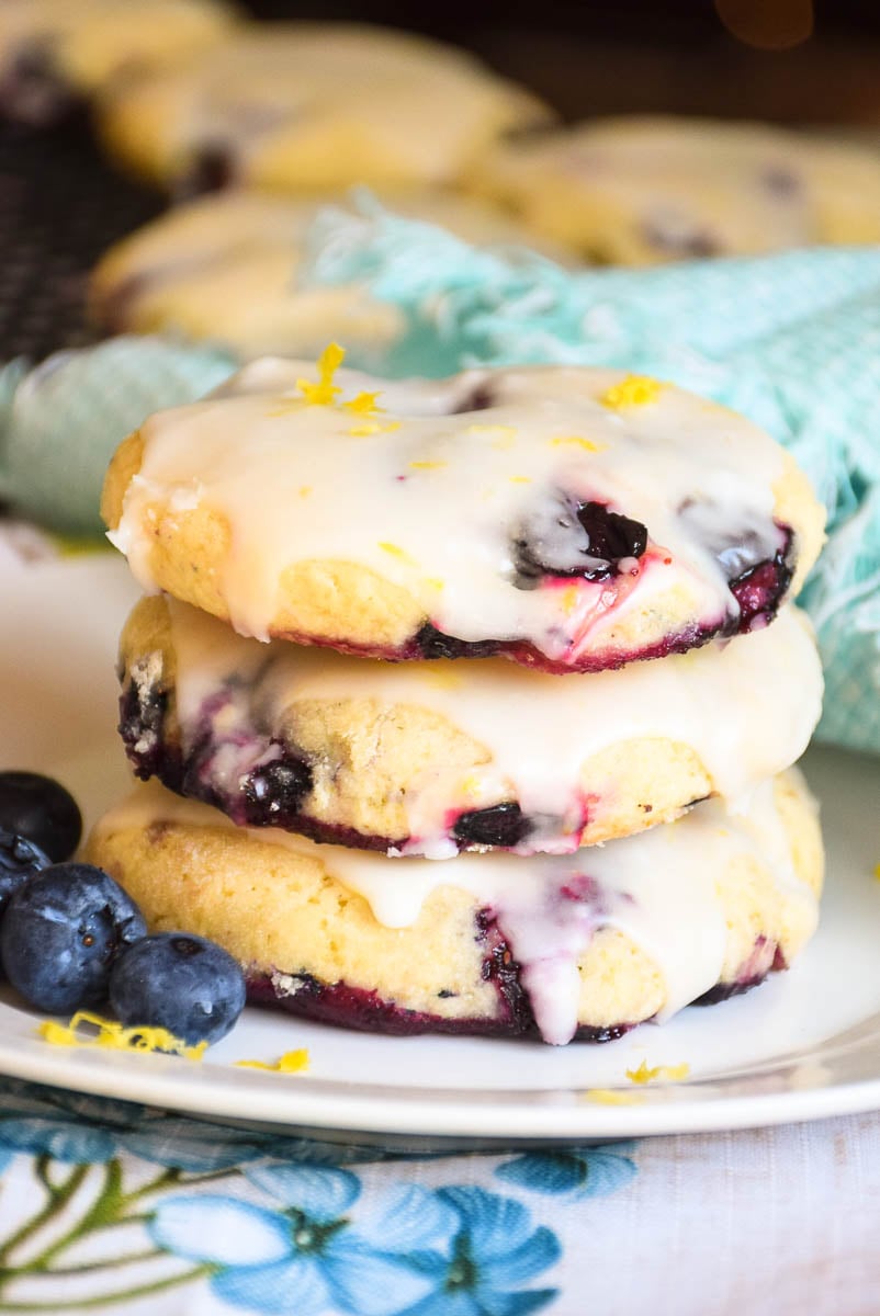 A stack of Soft and tender Blueberry Cookies with Lemon Glaze