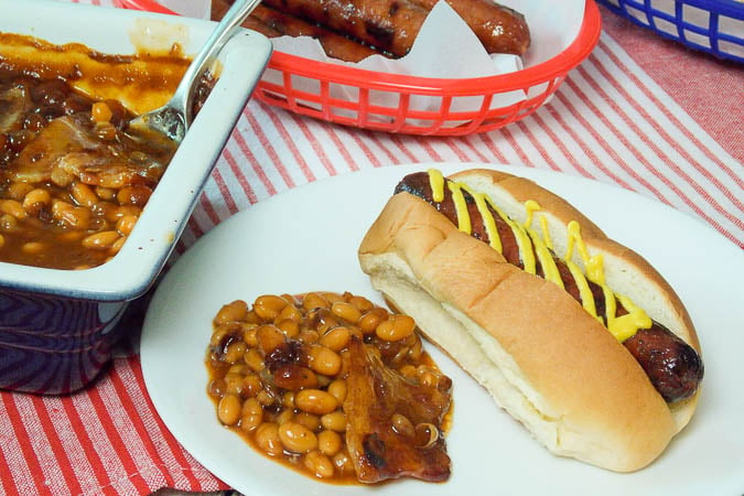 Bourbon Bacon Baked Beans with Ball Park Finest Jalapeno Cheddar Franks