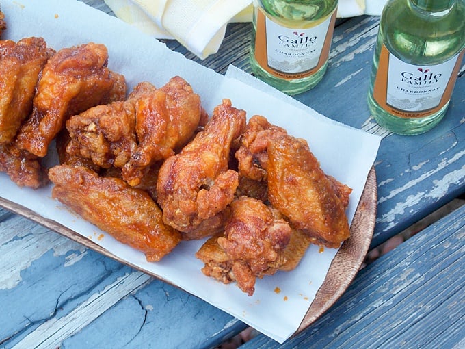 Crispy Maple Hot Wings - a tray of double crunch wings on a serving platter.