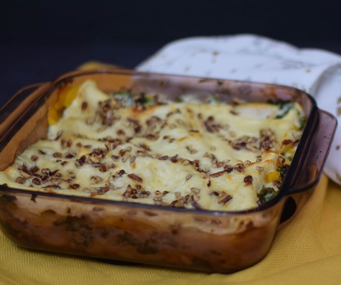 A pan of baked lasagna