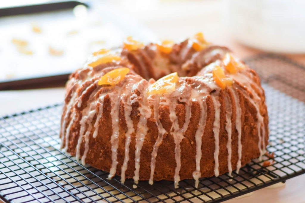 Rustic Pound Cake with Meyer Maple Glaze garnished with candied lemon slices