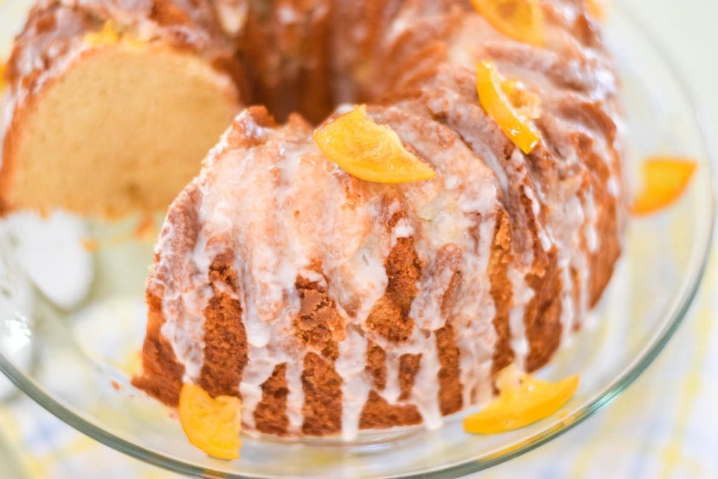 Pound cake on serving platter with slices removed