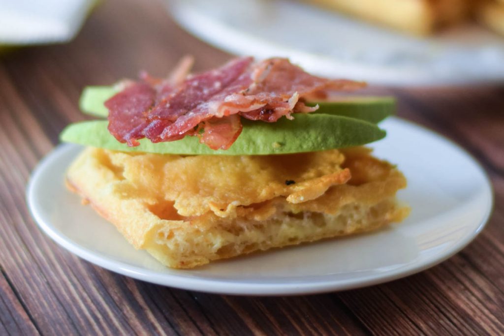 Asiago Chaffle  Egg Waffle Sandwich with avocado and bacon