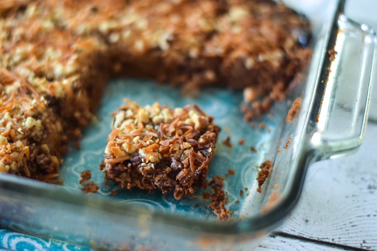 Baking dish with dessert bars cut and removed.