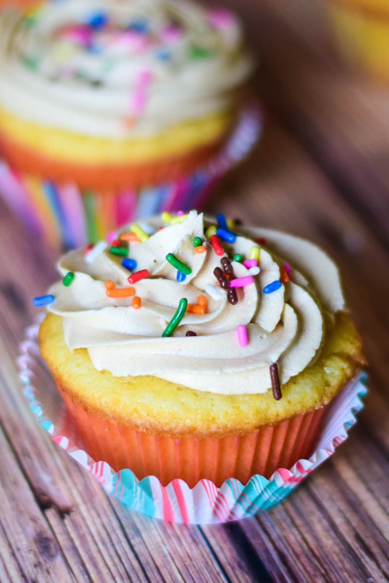 Peanut Butter and Jelly Cupcakes with sprinkles on top.