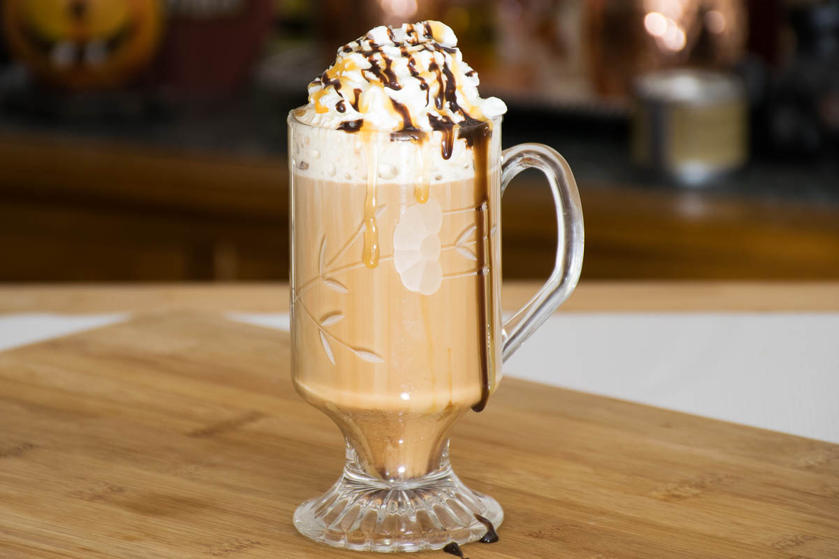 Salted Caramel Mocha Latte in a crystal mug.