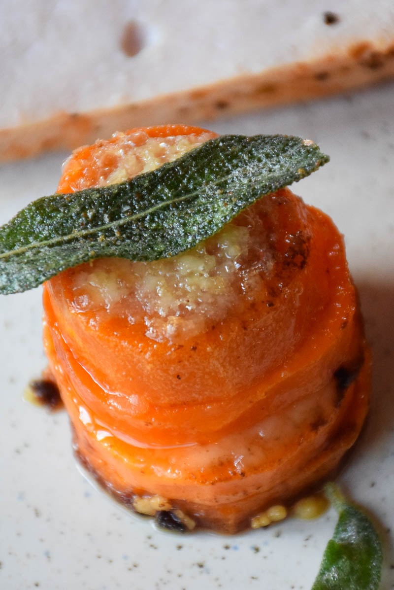 Sweet Potato Stacks with fried sage topping.