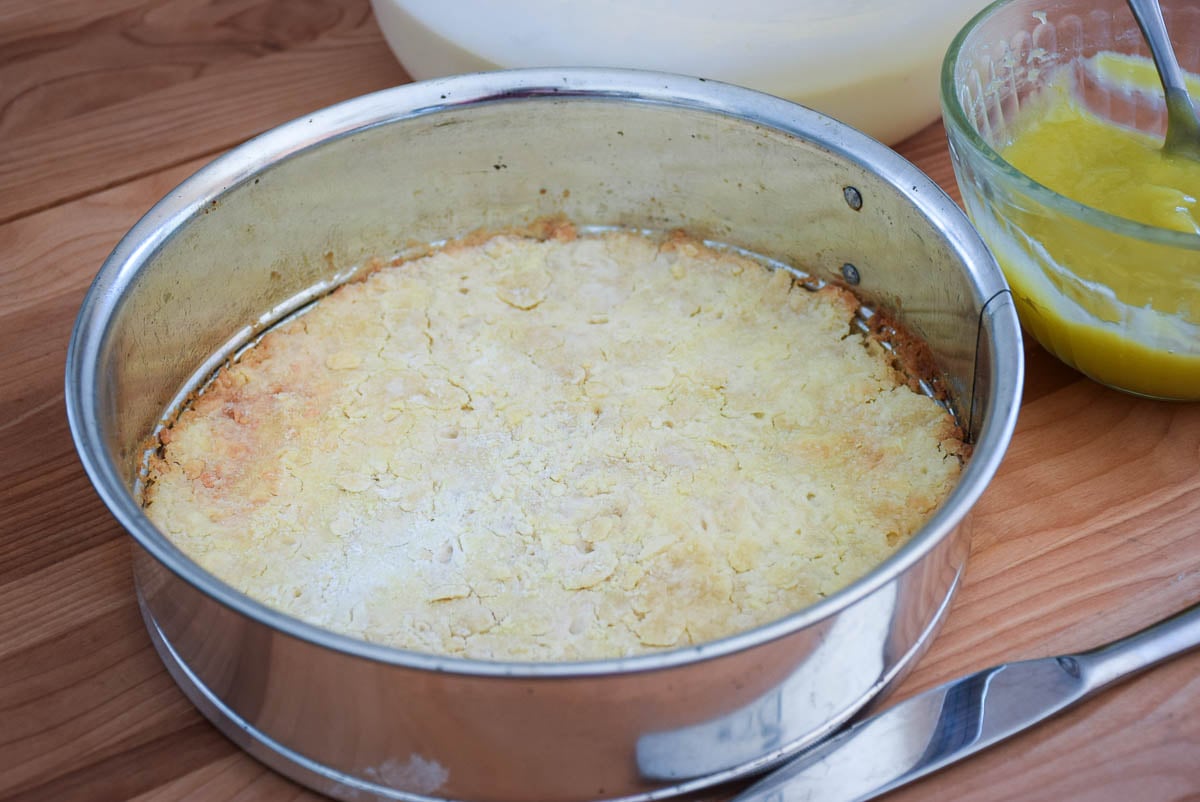 Shortbread crust pre-baked in a springform pan.