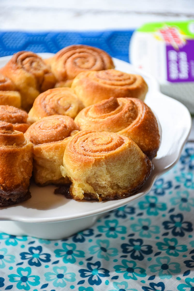 Crescent Roll Sticky Buns on a white serving plate.