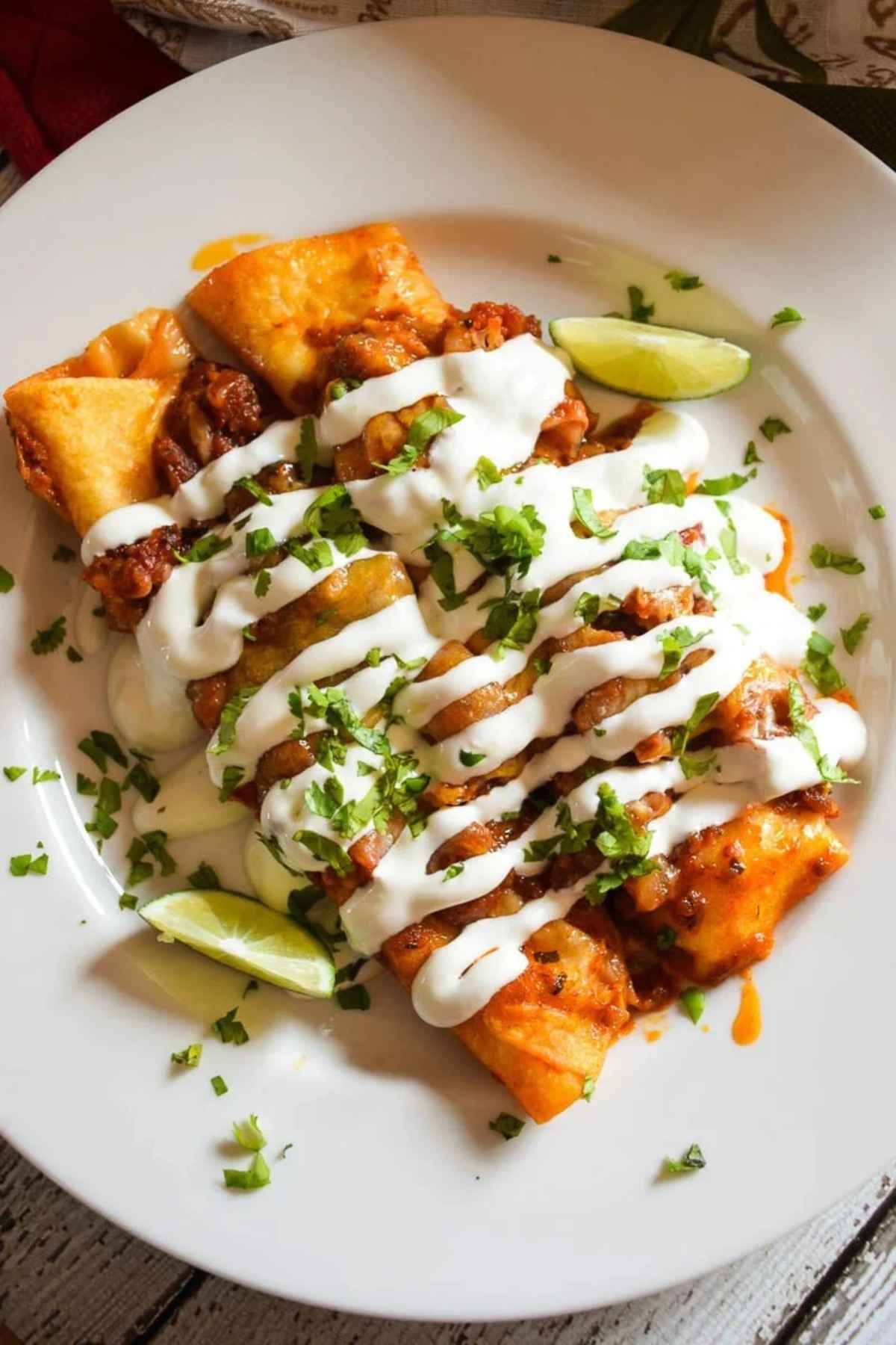 Overhead view of two servings on a white plate.