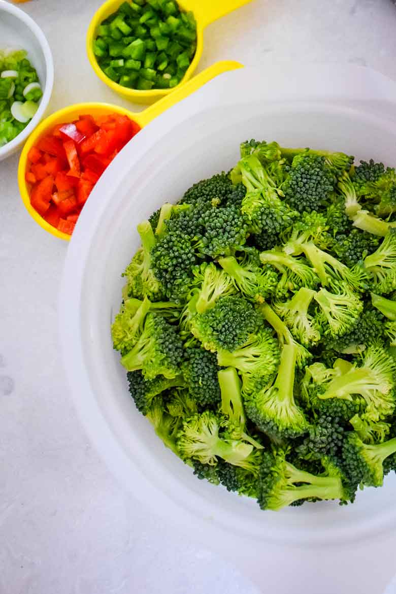 Overhead view of chopped ingredients ready to mix