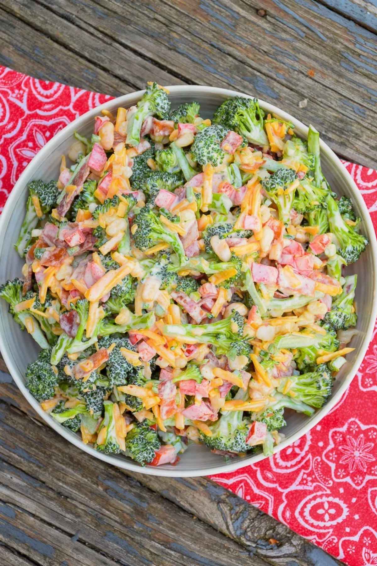 Keto Broccoli Salad with Bacon, Cheese and Jalapeno in a serving bowl.