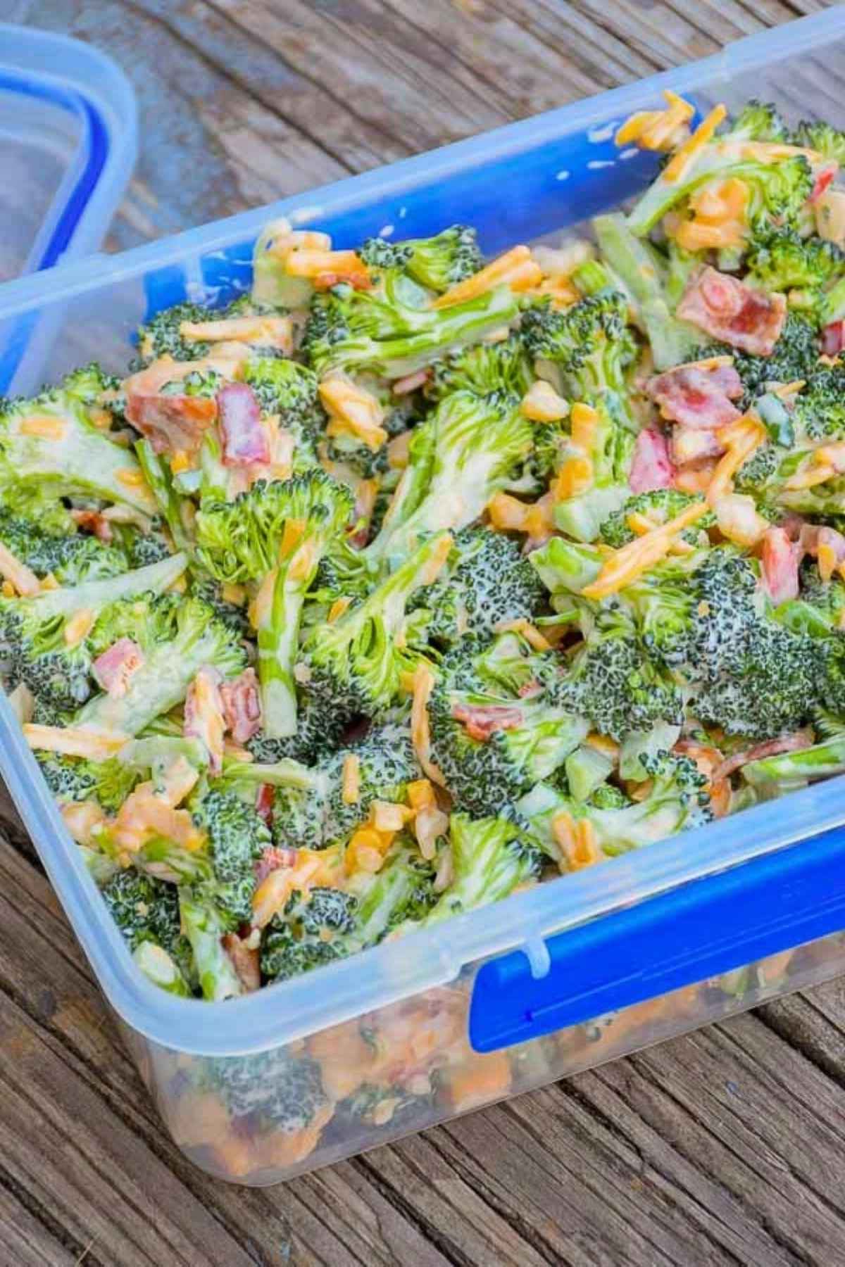 Keto Broccoli Salad with bacon and jalapeño in a storage container.
