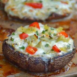 Grilled Chicken Artichoke Portobello Pizza on stoneware pan