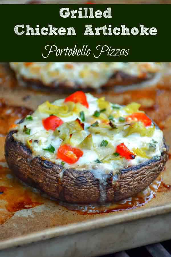 pinnable image for grilled chicken artichoke mushroom pizza