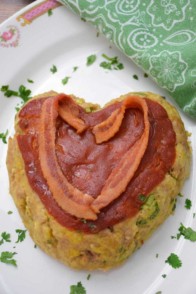 Keto Valentine Recipe Heart Shaped Veal Meatloaf Recipe overhead shot #veal #groundveal #meatloaf #valentine