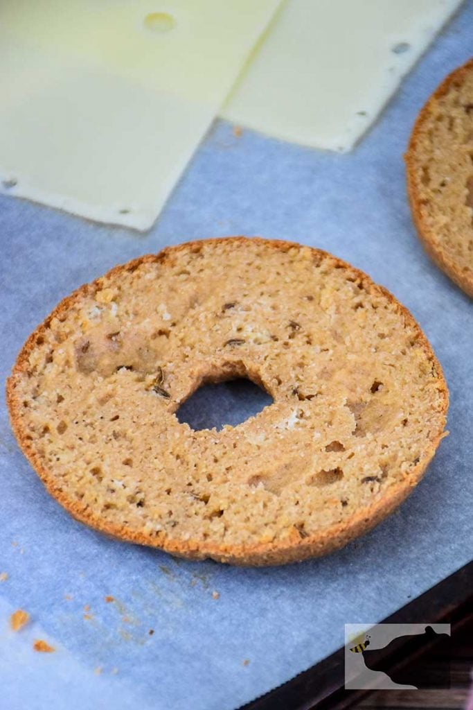 Keto Bagel sliced in half to show inside texture.