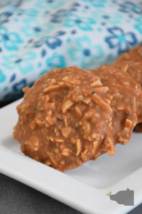 Chocolate Peanut Butter Fat Bomb aka Keto No Bake Cookies placed on a whilte plate with a blue and white napkin in the background