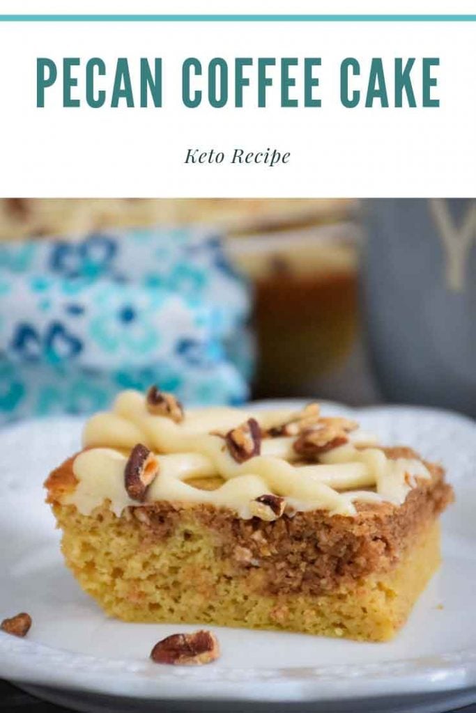 Pecan Coffee Cake - tender baked cake with a cinnamon swirl and icing drizzle on a plate - pinnable image