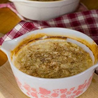 Mom's Old Fashioned Baked Rice Pudding in milk glass pyrex baking dish