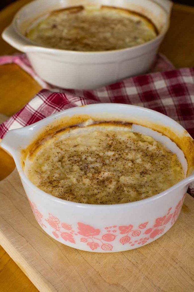 Mom's Old Fashioned Baked Rice Pudding in milk glass pyrex baking dish