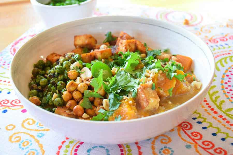 Fully assembled Coconut Curry Tofu stew in serving bowl