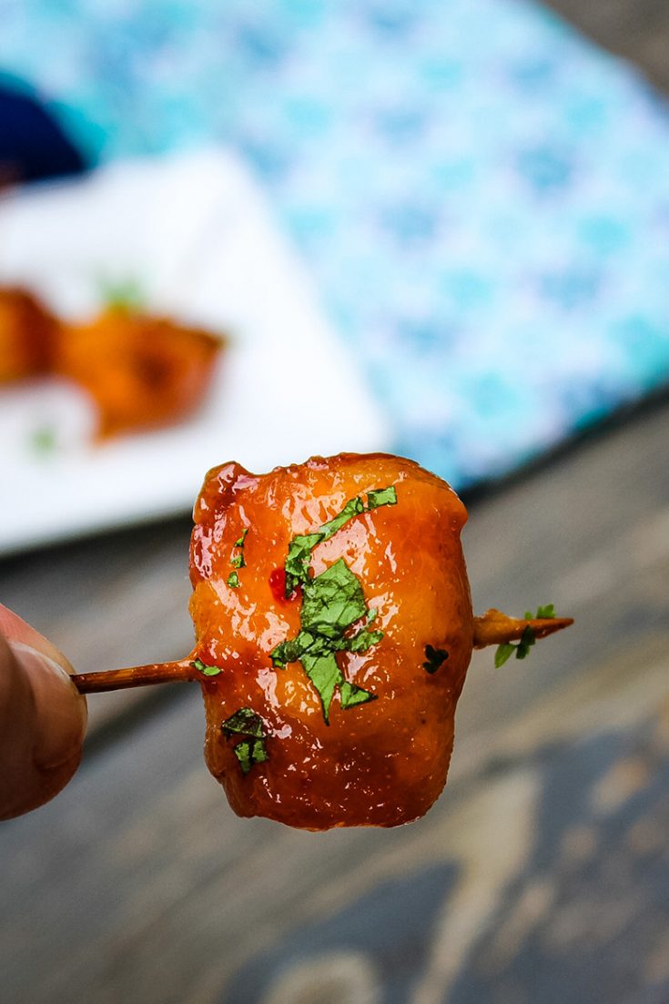 Bacon Wrapped Water Chestnuts with Sweet Chili Glaze