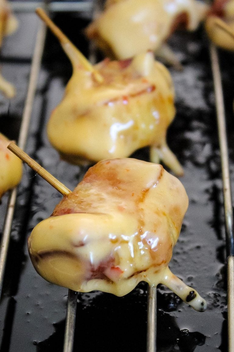 Bacon Wrapped Water Chestnuts with Sweet Chili Glaze