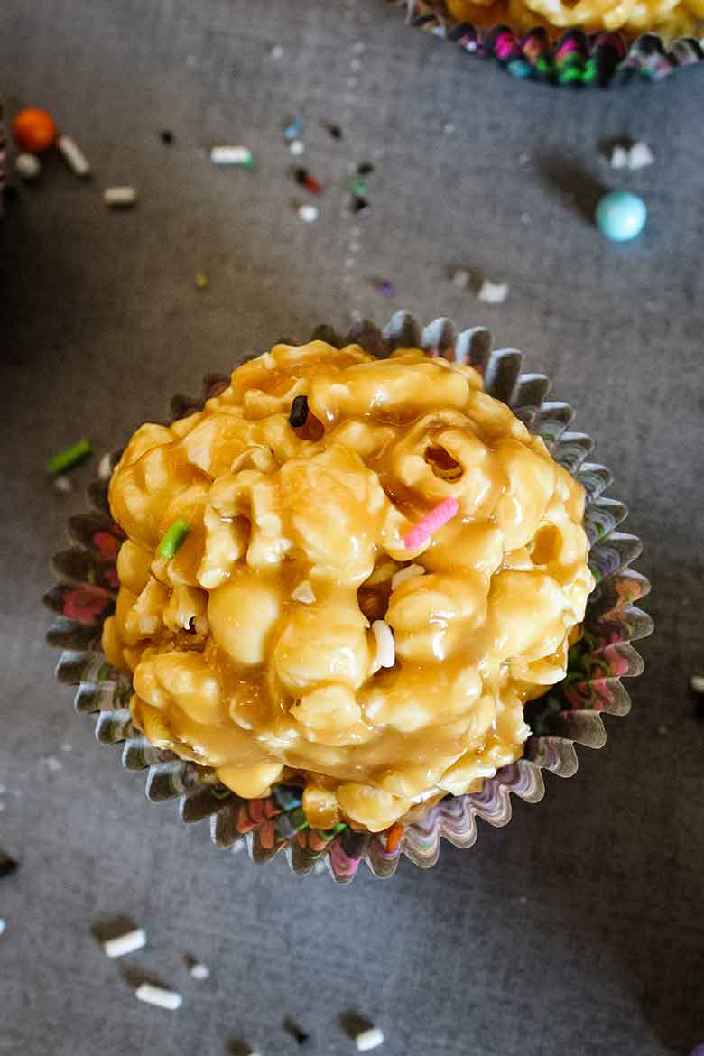 Caramel Popcorn Balls overhead view.