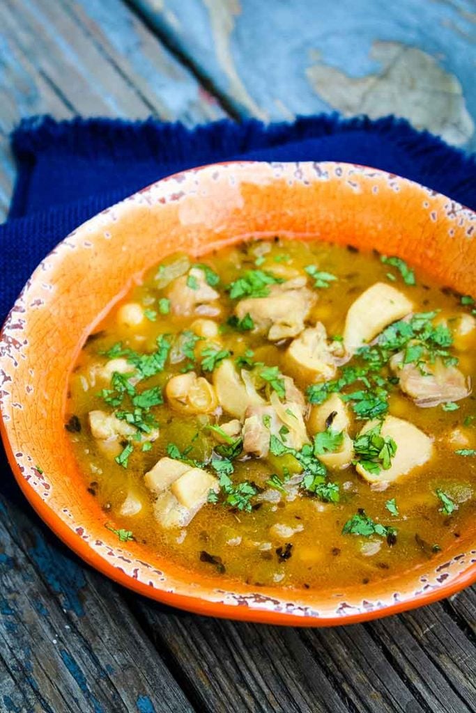 Up close view of White Chicken Chili with fresh cilantro sprinkled on top