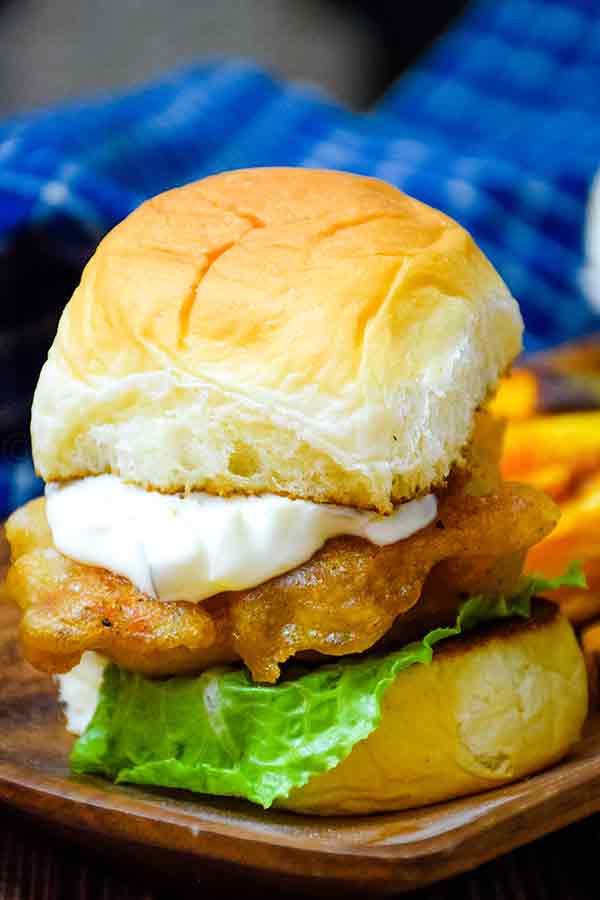 Beer Battered Fish Slider with a side of Sweet Potato Fries.