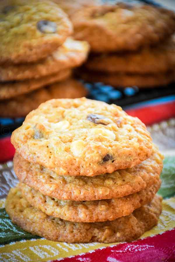 Banana Walnut Chocolate Chunk Cookies in a stack