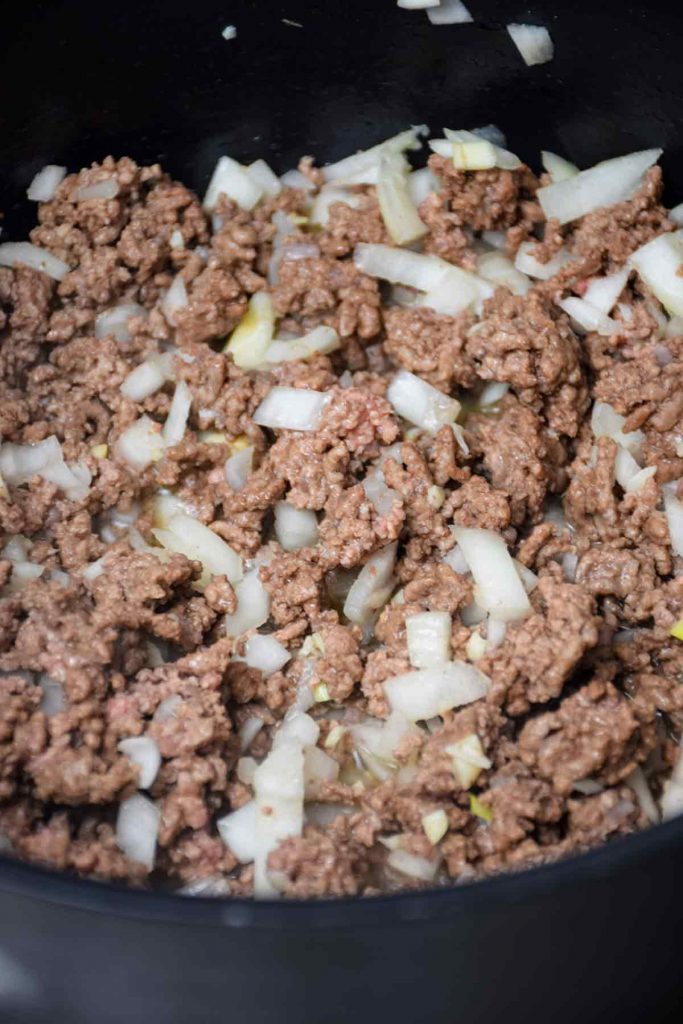 ground beef and onion mixture in the stockpot