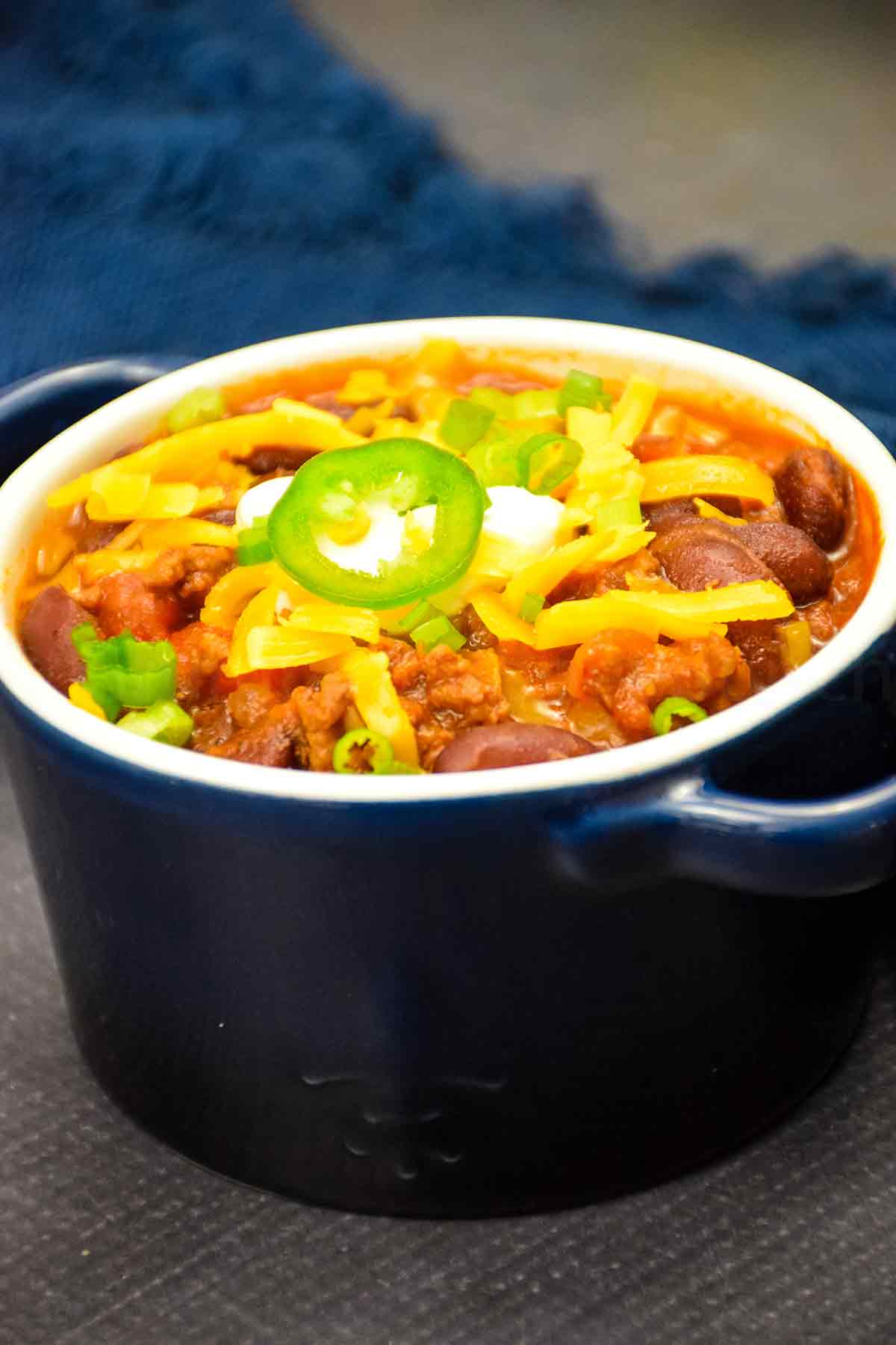 Beef Chili Recipe in a blue serving bowl